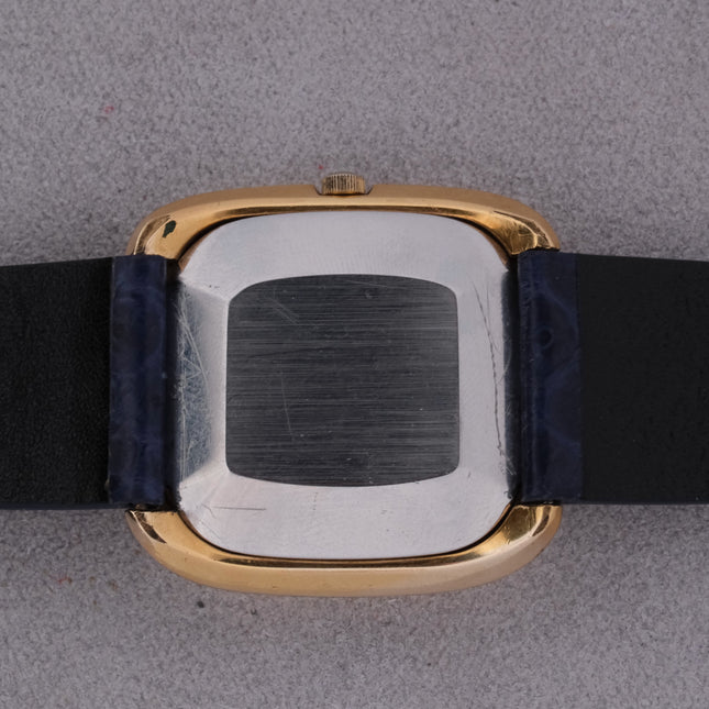 Vintage Swiss watch: 1974 Omega Deville Automatic TV Case Ref. 151.0044, gold case, black leather band