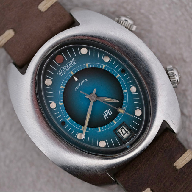 Jaeger LeCoultre 1971 Memovox Egg Ref. 3072-916 watch with blue dial and brown leather strap
