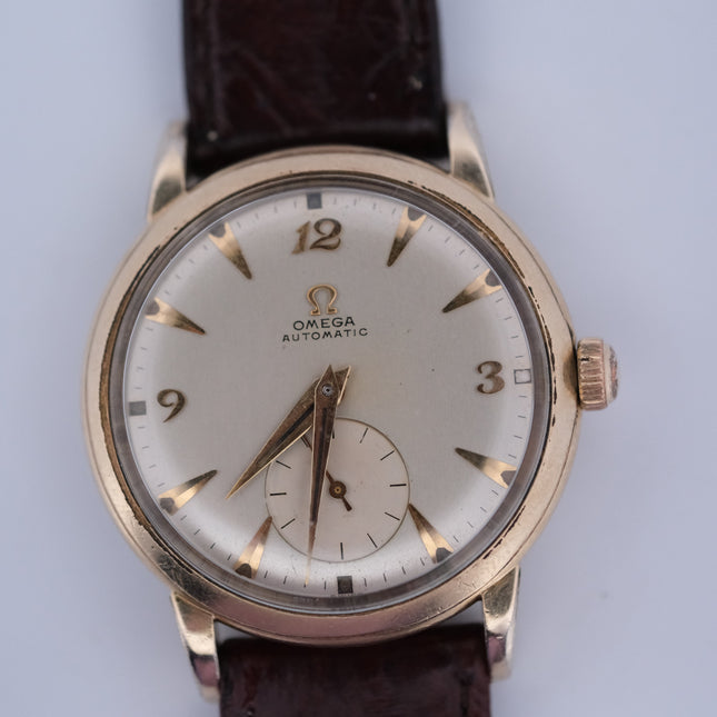 Vintage Omega Automatic Bumper Cal. 354 watch with gold case and leather strap