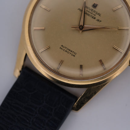 Vintage Universal Genève Polerouter Jet 18k Cal. 215-9 watch with gold case and black leather strap