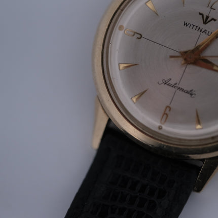 Swiss Wittnauer Automatic watch with gold case and black leather strap