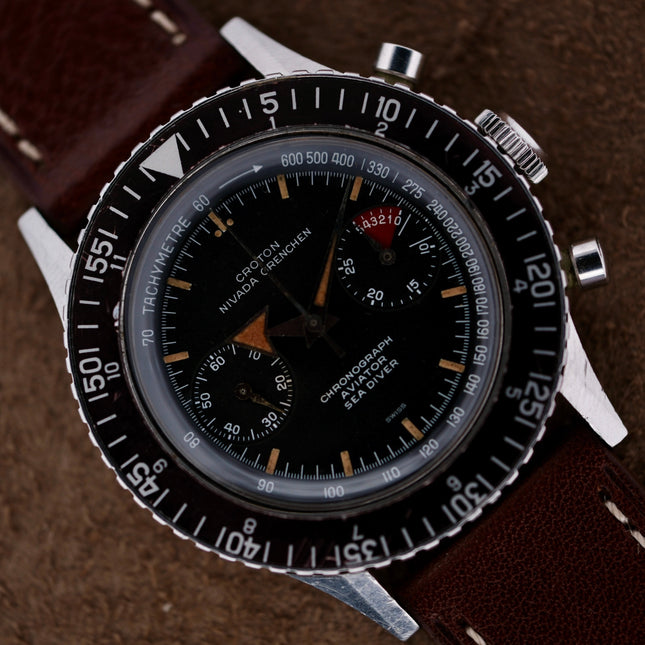 Vintage Swiss watch: 1960s Croton Chronograph Aviator Sea Diver with black dial and brown leather strap