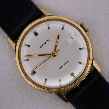 Vintage gold wrist watch with black leather strap - Orvin 17 Jewels Manual Wind